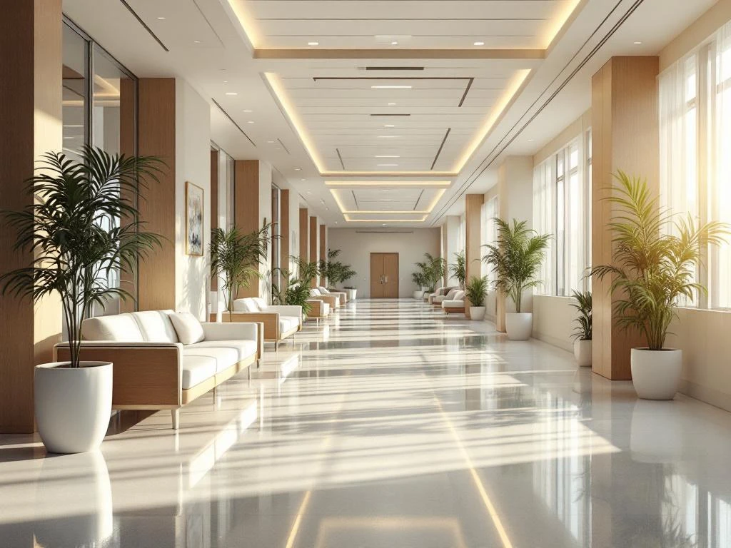 Moderne ziekenhuisgang met warme verlichting, houten accenten, comfortabele zithoeken en planten in schone omgeving