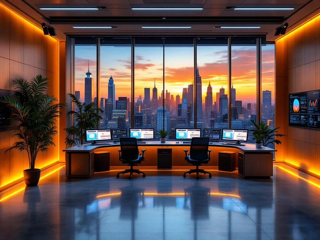Moderne kantoorgebouw controlekamer met digitale schermen, werkstations en stadsgezicht bij zonsondergang