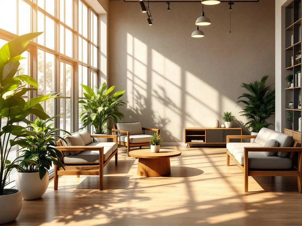 Moderne kantoor pauzeruimte met natuurlijk licht, houten meubels, planten en eigentijdse zithoeken