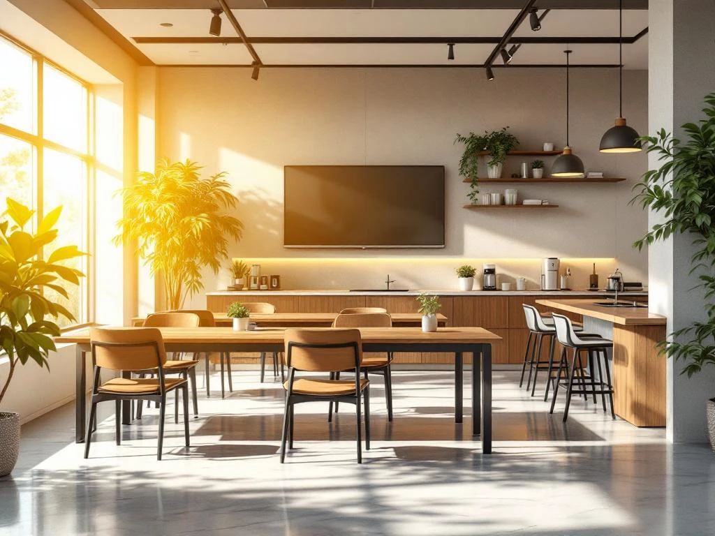 Moderne kantoor pauzeruimte met warme verlichting, houten tafels, ergonomische stoelen en planten bij grote ramen