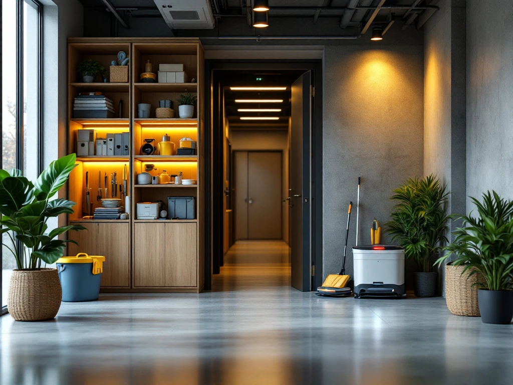 Moderne schoonmaakkamer met houten planken vol reinigingsapparatuur, emmers en gereedschap in warm verlicht kantoor