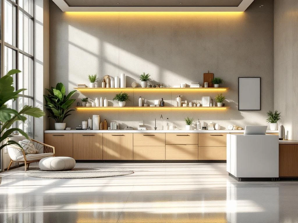 Moderne kantoor schoonmaakstation met natuurlijk licht, witte oppervlakken, houten accenten en georganiseerde apparatuur