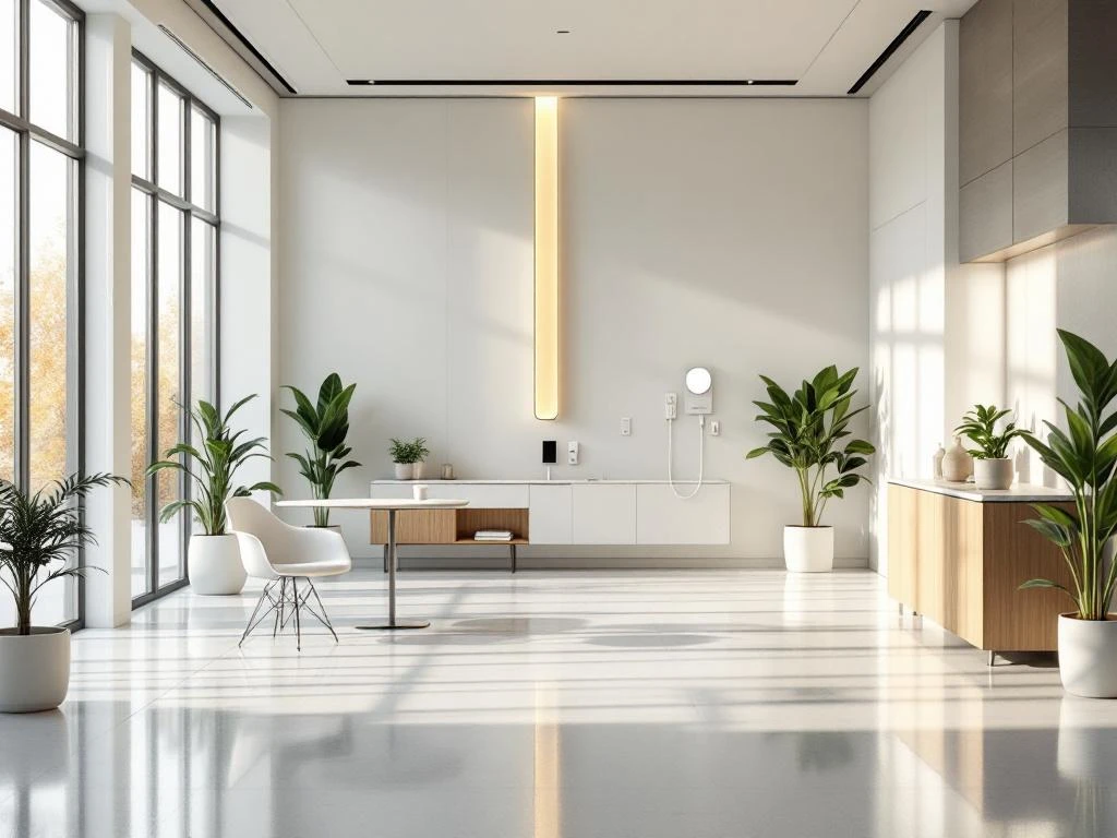 Moderne kantoorschoonmaakstation met witte oppervlakken, houten accenten en natuurlijk licht door grote ramen