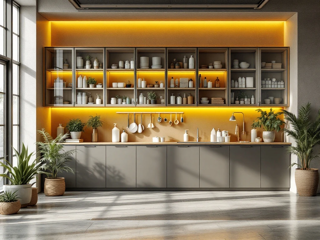 Moderne kantoor schoonmaakstation met glazen kasten vol georganiseerde schoonmaakmiddelen en natuurlijk licht