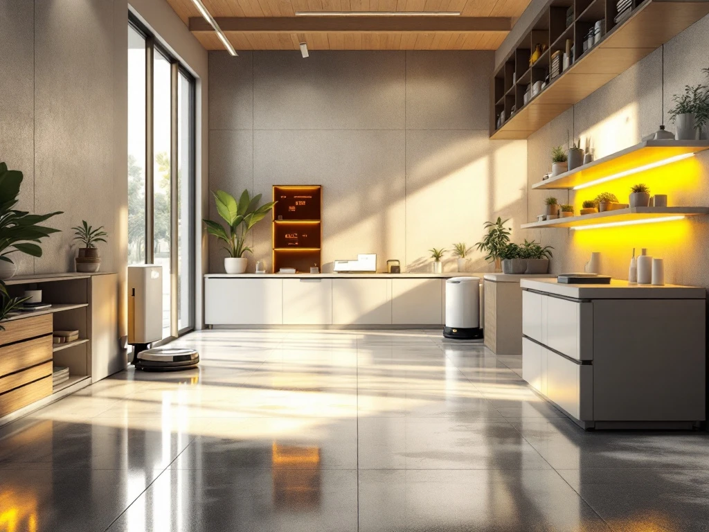 Moderne kantoor schoonmaakstation met natuurlijk licht, laadstations met LED-indicatoren en schoonmaakbenodigdheden