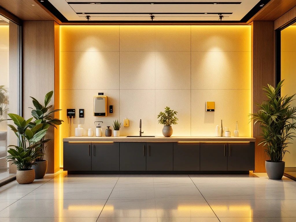 Moderne kantoorschoonmaakstation met warme verlichting, houten accenten, dispenser en veiligheidsapparatuur