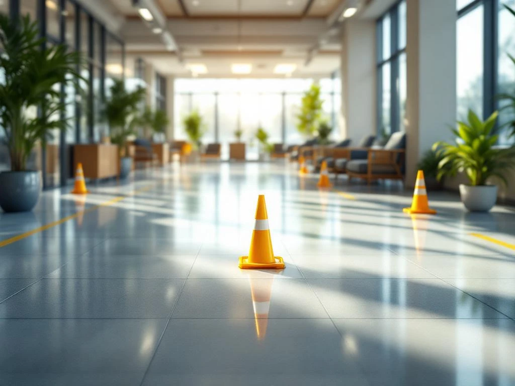 Moderne kantooromgeving met geboende vloeren, natuurlijk licht, houten meubilair, planten en gele veiligheidskegels