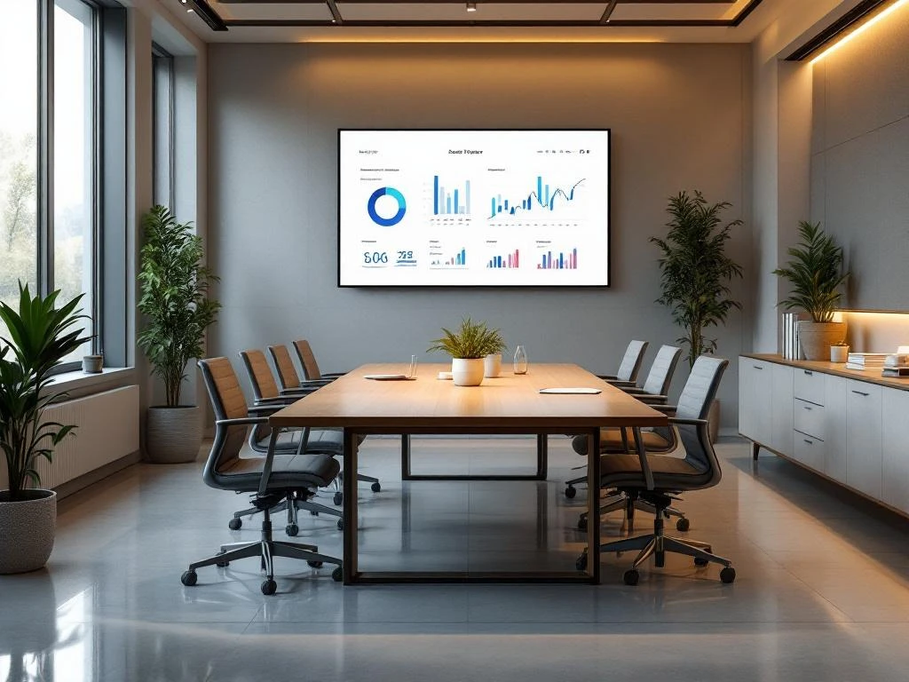 Moderne vergaderruimte met houten tafel, ergonomische stoelen, wanddisplays met grafieken en natuurlijk licht