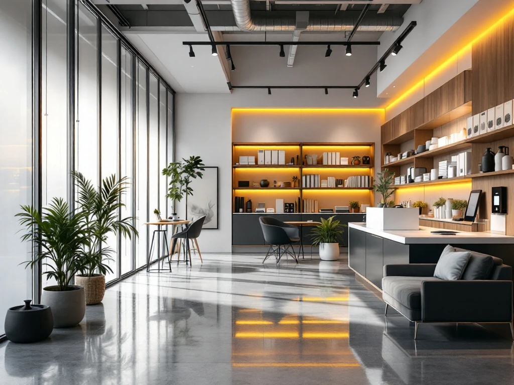 Moderne kantoor schoonmaakruimte met georganiseerde voorraadplanken, natuurlijk licht en eigentijds meubilair