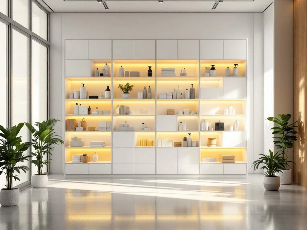 Moderne schoonmaakvoorraadkamer met witte stellingen, schoonmaakapparatuur en natuurlijke verlichting door matglas