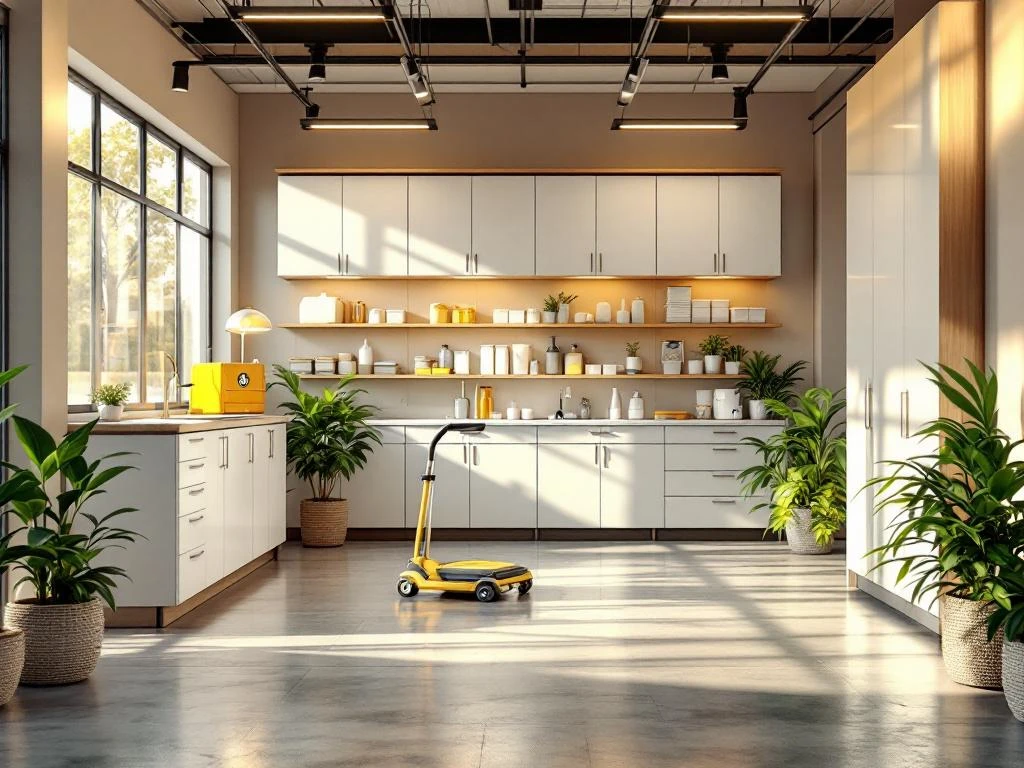 Moderne schoonmaakvoorraadkamer met witte kasten, schoonmaakspullen, karren en natuurlijk licht door matglazen ramen