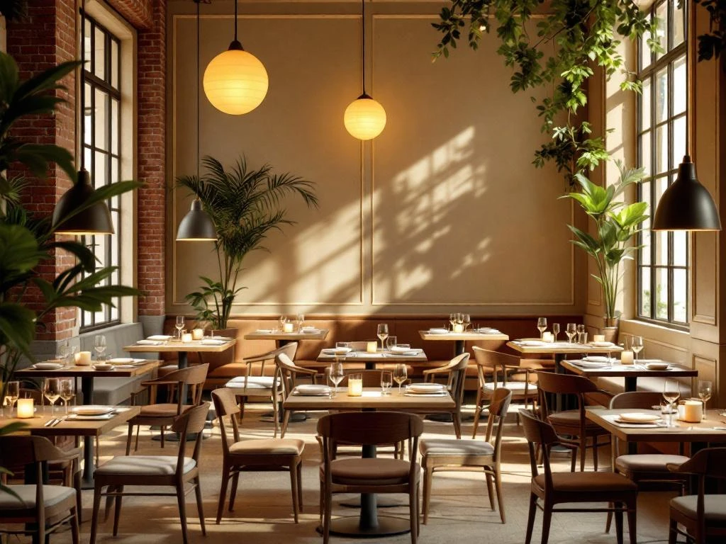 Moderne restaurantzaal met warme verlichting, houten tafels, groene planten en gezellige sfeer voor digitale bediening