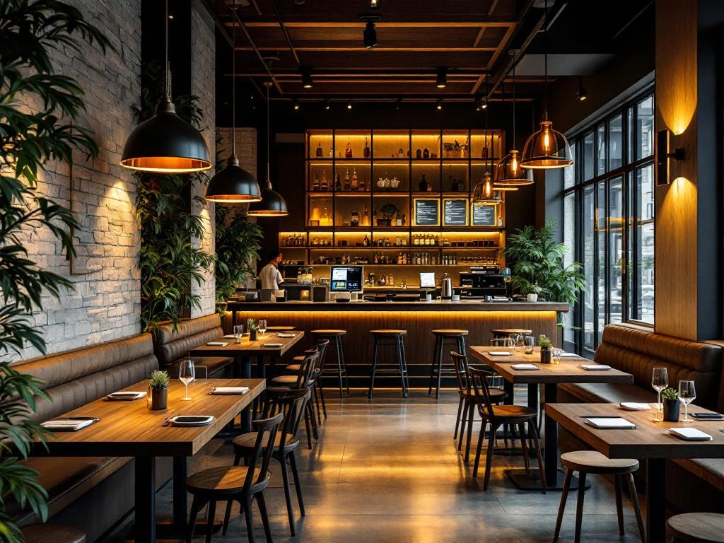 Modern restaurant interieur met warme verlichting, houten tafels met technologie-integratie en groene planten