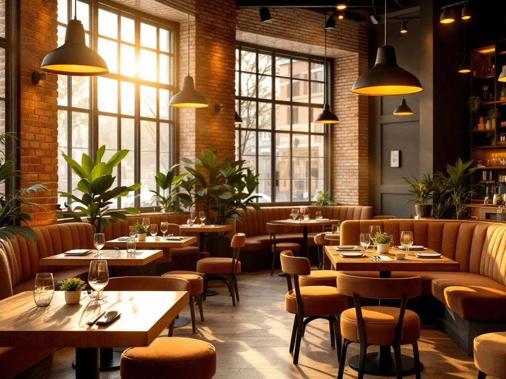 Modern restaurant interieur met warme verlichting, houten tafels, comfortabele stoelen en groene planten