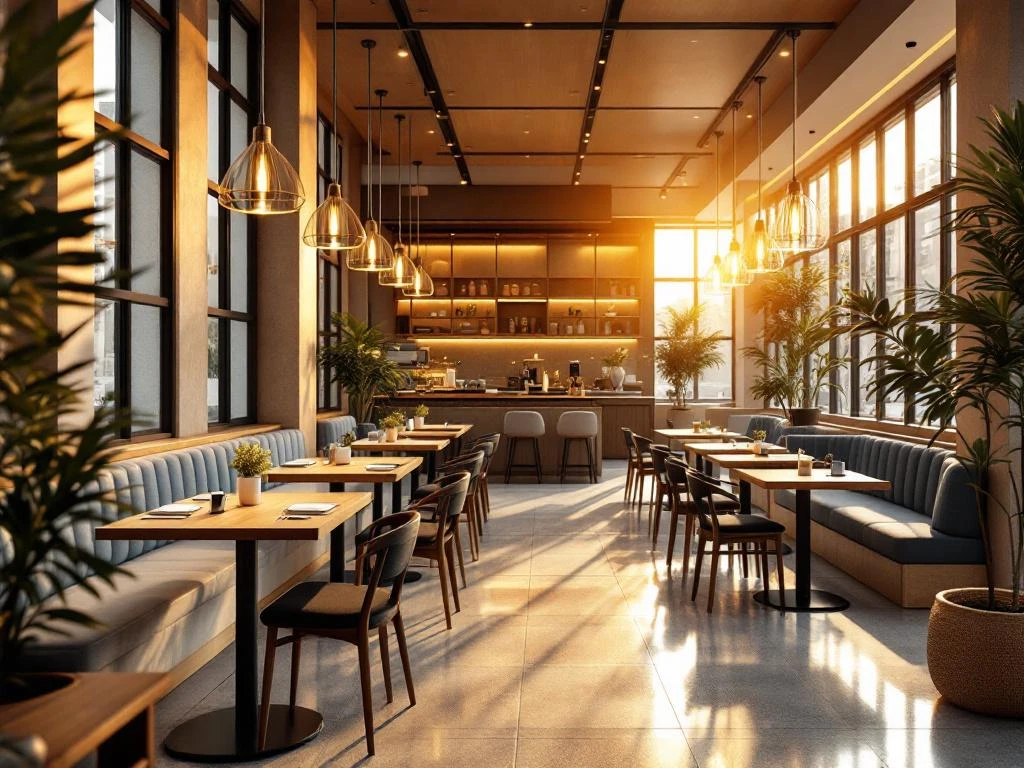 Modern restaurant interieur met warme verlichting, houten tafels, natuurlijke texturen en ruime paden voor toegankelijkheid
