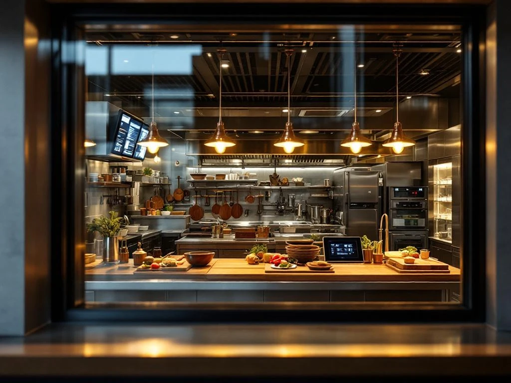 Moderne restaurantkeuken met roestvrijstalen apparatuur, digitale schermen en warme verlichting zichtbaar door doorgeefluik
