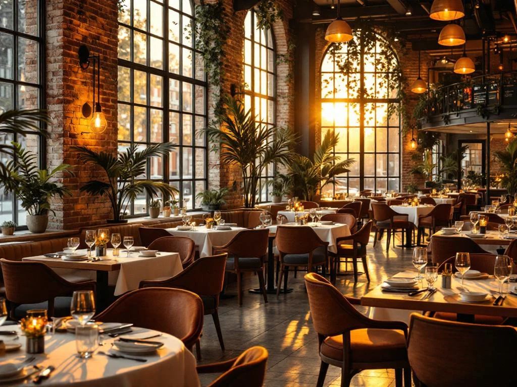 Gezellig restaurant interieur met warme verlichting, elegante houten tafels, witte tafellinnen en moderne menuschermen