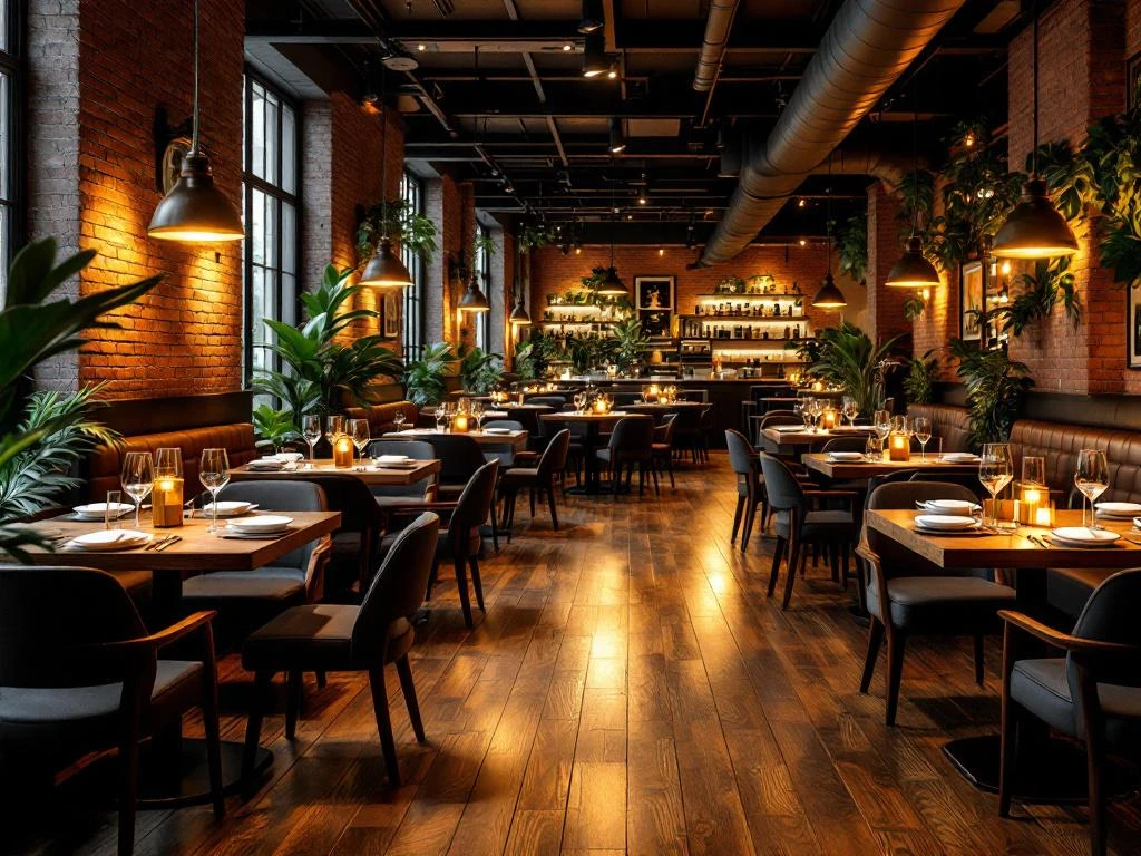 Restaurant interieur met elegante gedekte tafels, warme verlichting, houten vloeren en bakstenen muren