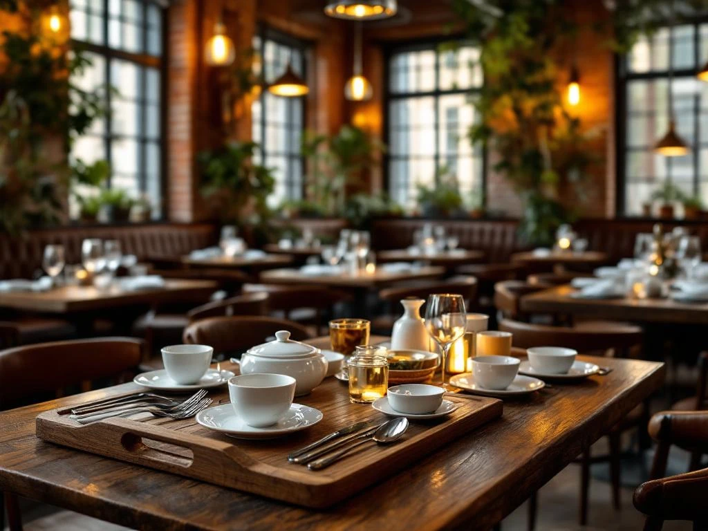 Elegant restaurant interieur met houten tafels, gebruikte servies op dienblad, warme verlichting en bakstenen muren