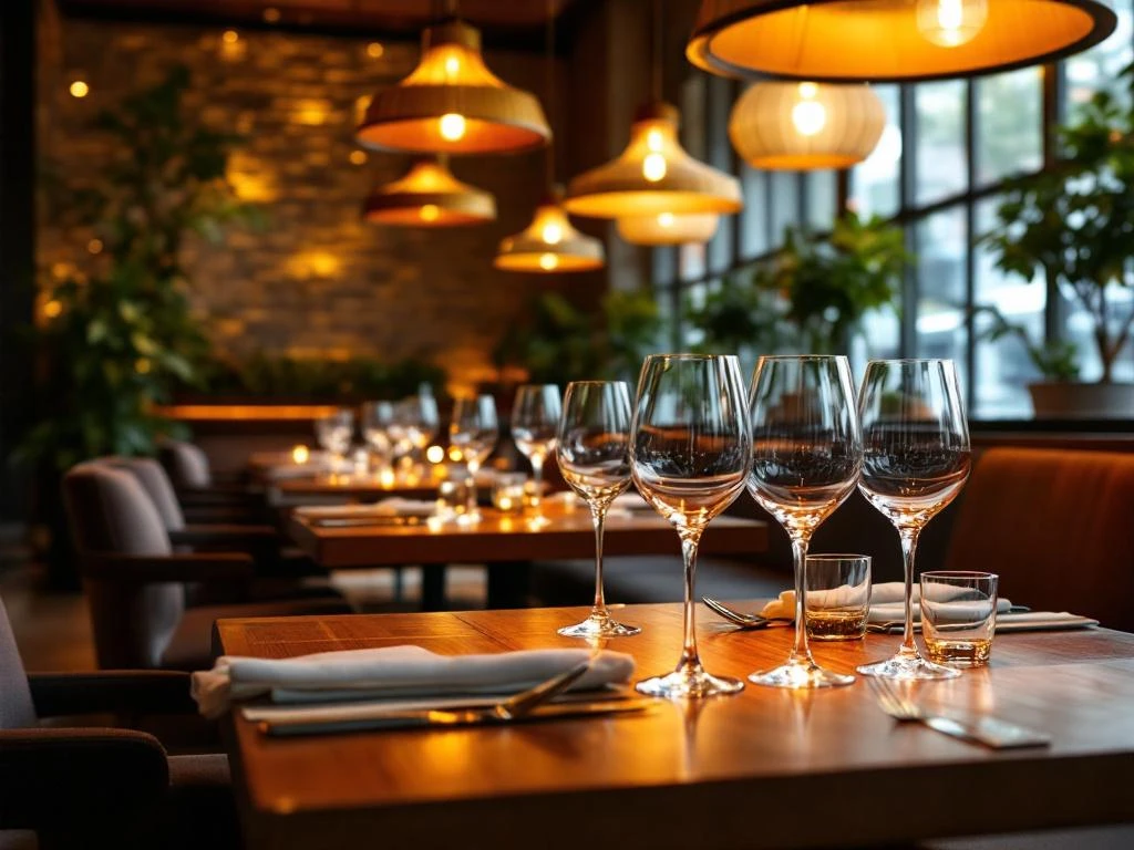 Elegante restaurantinterieur met warme verlichting, gedekte tafels met kristalglazen en moderne designelementen