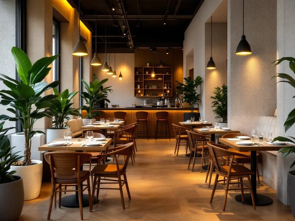 Modern restaurant interieur met houten tafels, warme verlichting, groene planten en eigentijdse inrichting