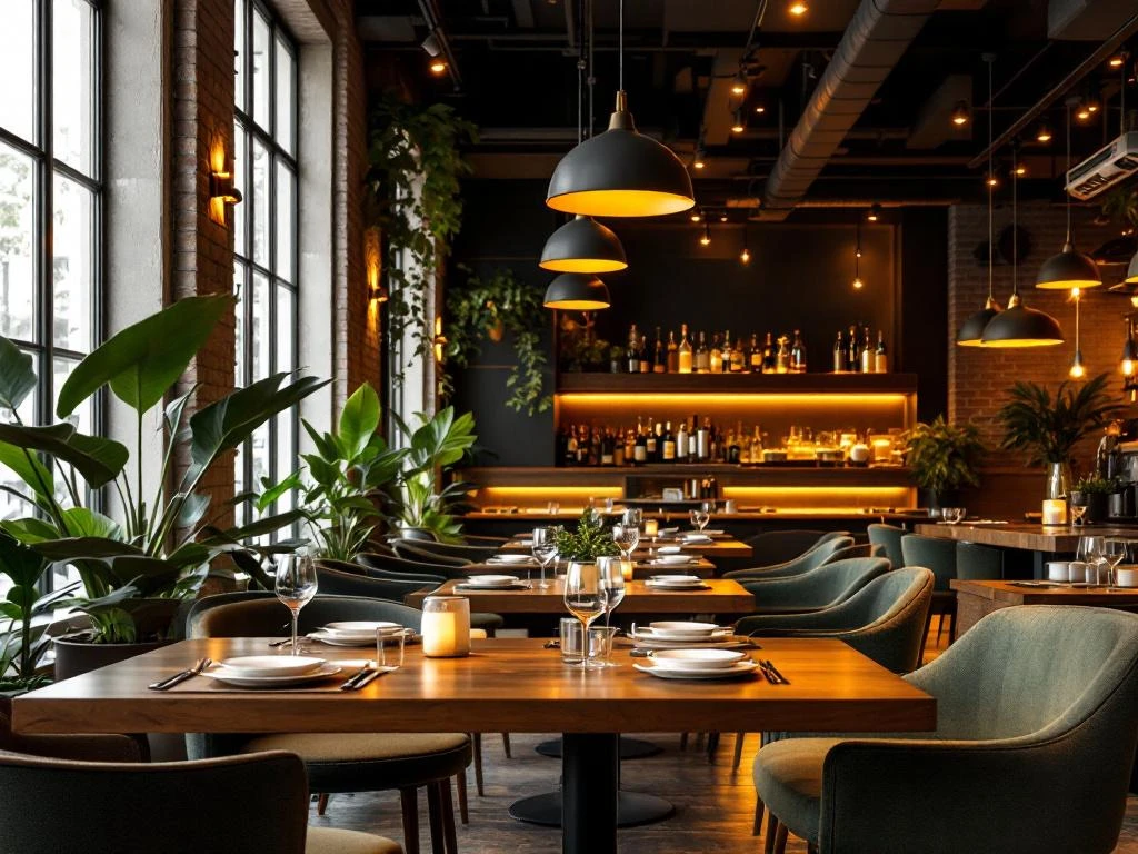 Modern restaurant interieur met warme verlichting, houten tafels, bakstenen muren en groene planten in gezellige sfeer