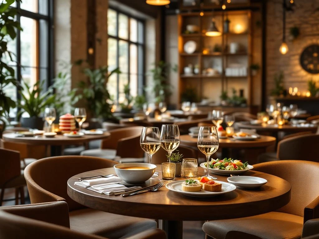 Warm restaurant interieur met elegante houten tafels, dampende soep, wijnglazen, taarten en salades in moderne ruimte