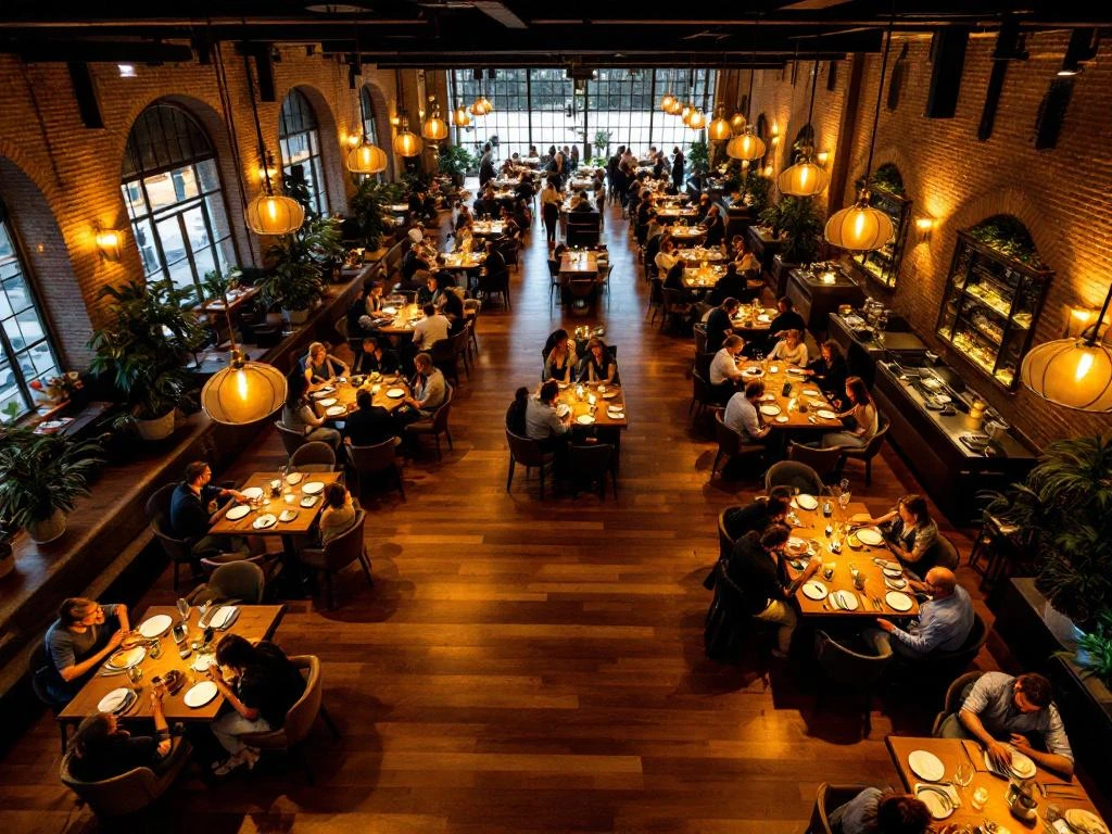 Druk modern restaurant tijdens dinertijd met gasten aan tafels, warme verlichting en eigentijds interieur met bakstenen muren