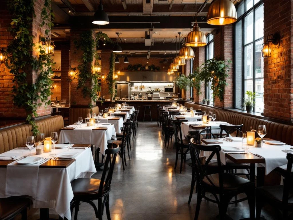 Elegant restaurant interieur met houten tafels, witte tafellinnen, bakstenen muren en warme verlichting