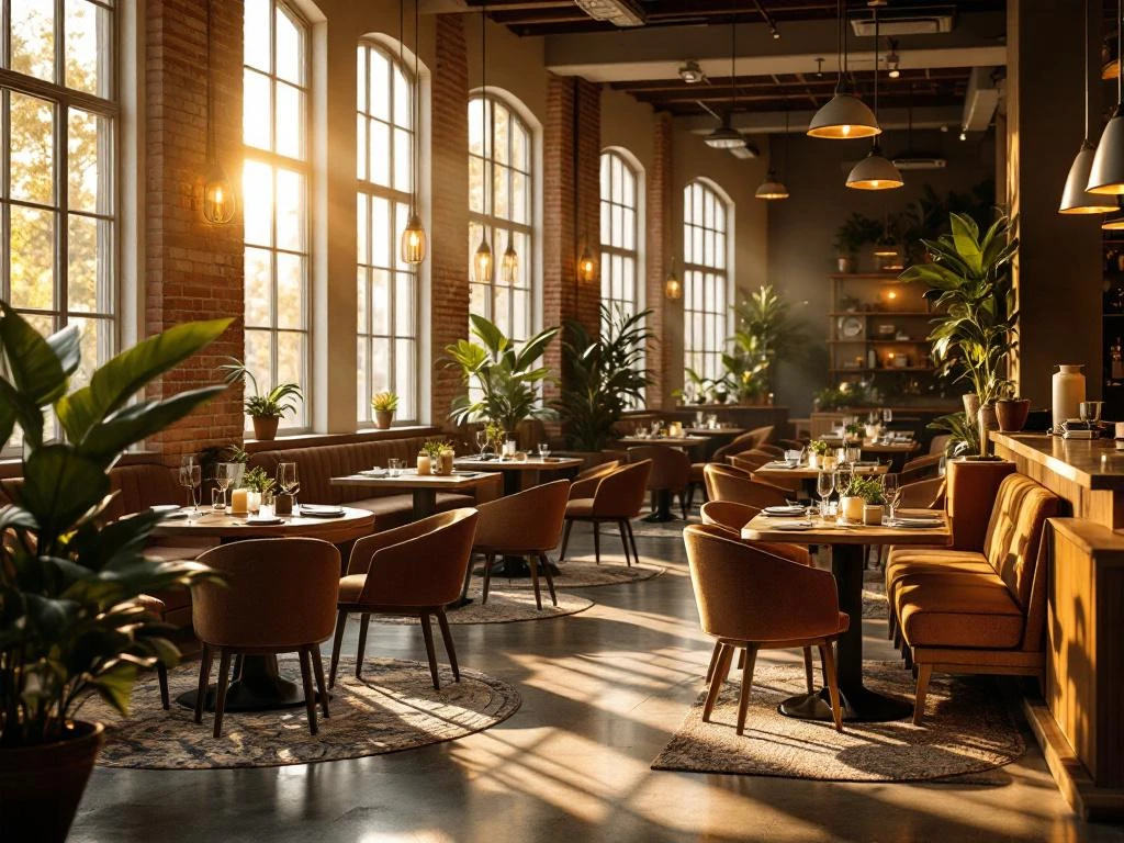 Warm restaurant interieur met gouden verlichting, houten tafels, comfortabele stoelen en groene planten