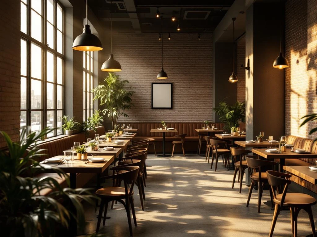 Warm restaurant interieur met houten tafels, groene planten, moderne hanglampen en bakstenen muren met zachte verlichting