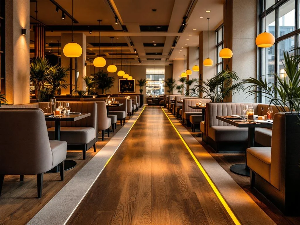 Elegant restaurant interieur met warme verlichting, houten vloeren, duidelijke paden en moderne zitplaatsen voor toegankelijkheid