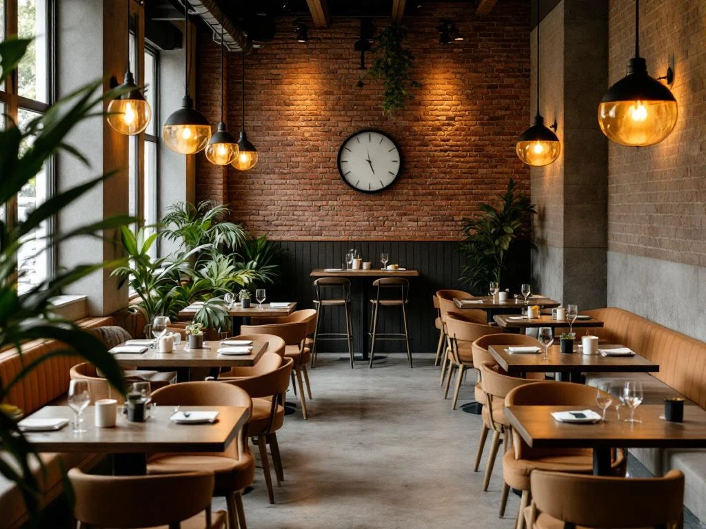 Gezellige restaurantruimte met warme verlichting, houten tafels, comfortabele stoelen en groene planten