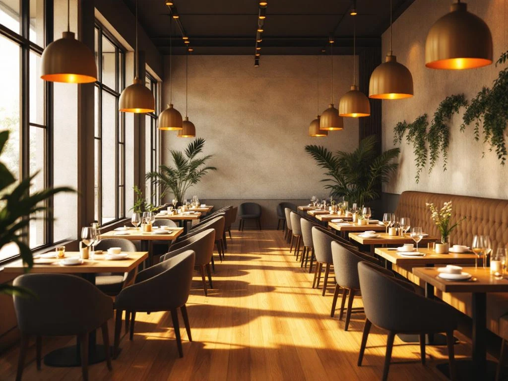 Elegant restaurant interieur met warme verlichting, houten tafels, comfortabele stoelen en grote ramen met natuurlijk licht