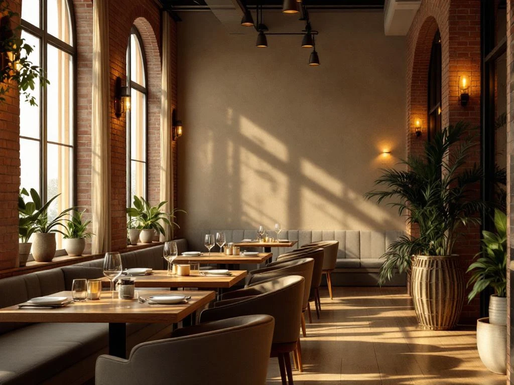 Gezellig restaurant interieur met warme verlichting, houten tafels, bakstenen muren en groene planten bij ramen