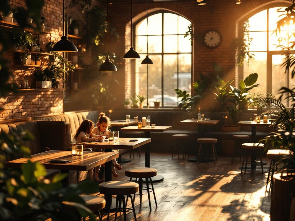 Warm restaurant interieur met houten tafels, gouden verlichting, groene planten en tech-geïntegreerde oppervlakken