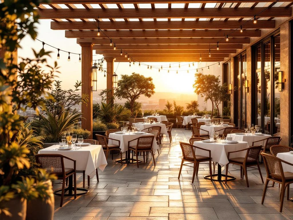 Elegant restaurant terras met gouden zonlicht, witte tafels, houten stoelen en sfeervolle verlichting tussen groene planten