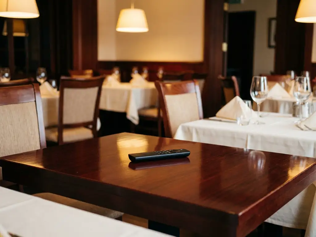 Zwarte afstandsbediening op gepolijste houten restauranttafel met lege stoelen en witte tafelkleden in warm verlichte eetruimte