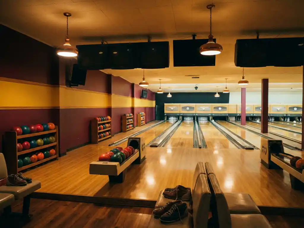Lege bowlingbaan met gepolijste houten banen, kleurrijke bowlingballen in rekken en warme verlichting vanuit laag perspectief