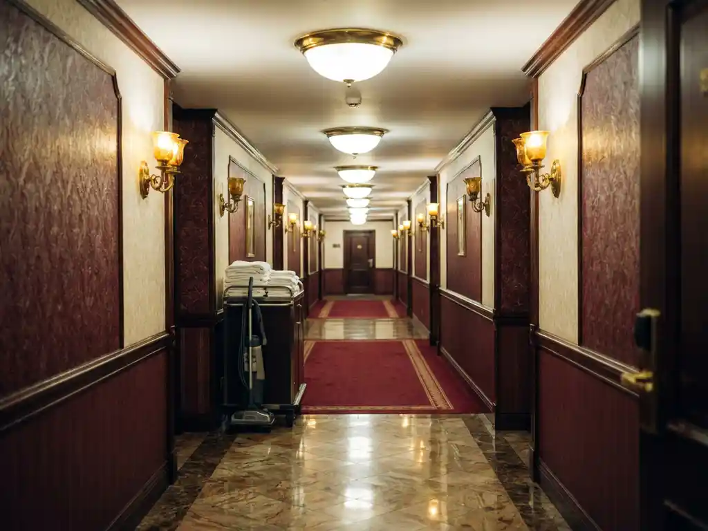 Lege hotelgang met marmeren vloeren, gouden verlichting, bordeauxrode loper en schoonmaakkar tegen elegante muur