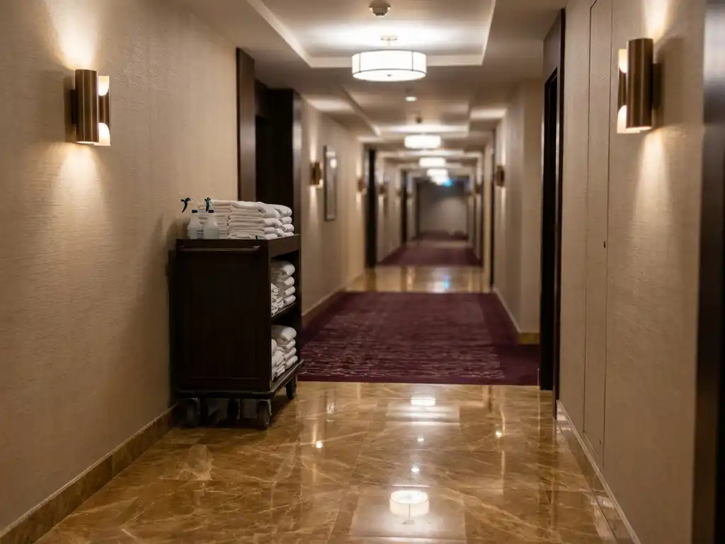 Moderne hotelgang met marmeren vloeren, elegante wandverlichting en huishoudelijke kar tegen getextureerde muur