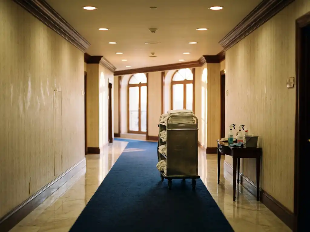 Lege hotelgang met marmeren vloeren, elegante wandbekleding en verlaten schoonmaakkar met verse linnengoed
