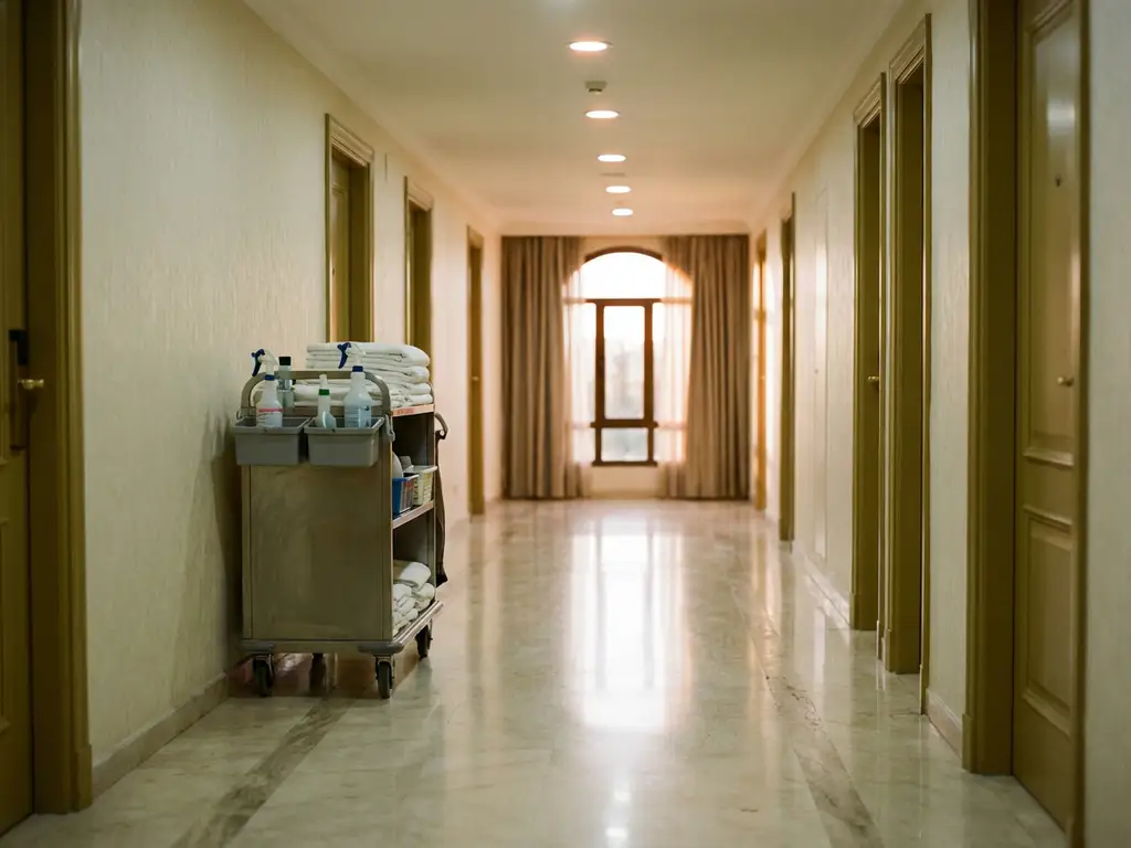 Lege hotelgang met marmeren vloer, huishoudwagen tegen crèmekleurige muren, warme plafondverlichting weerkaatsend op gepolijste tegels