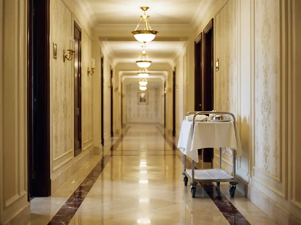 Lege hotelgang met marmeren vloeren, warme verlichting en verlaten roomservice karretje langs elegante crème muren