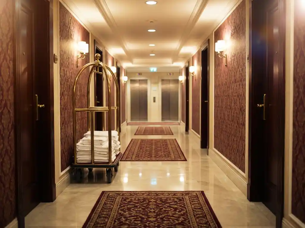 Lege hotelgang met marmeren vloeren, warme plafondverlichting, elegante wandbekleding en verlaten schoonmaakkar tegen de muur