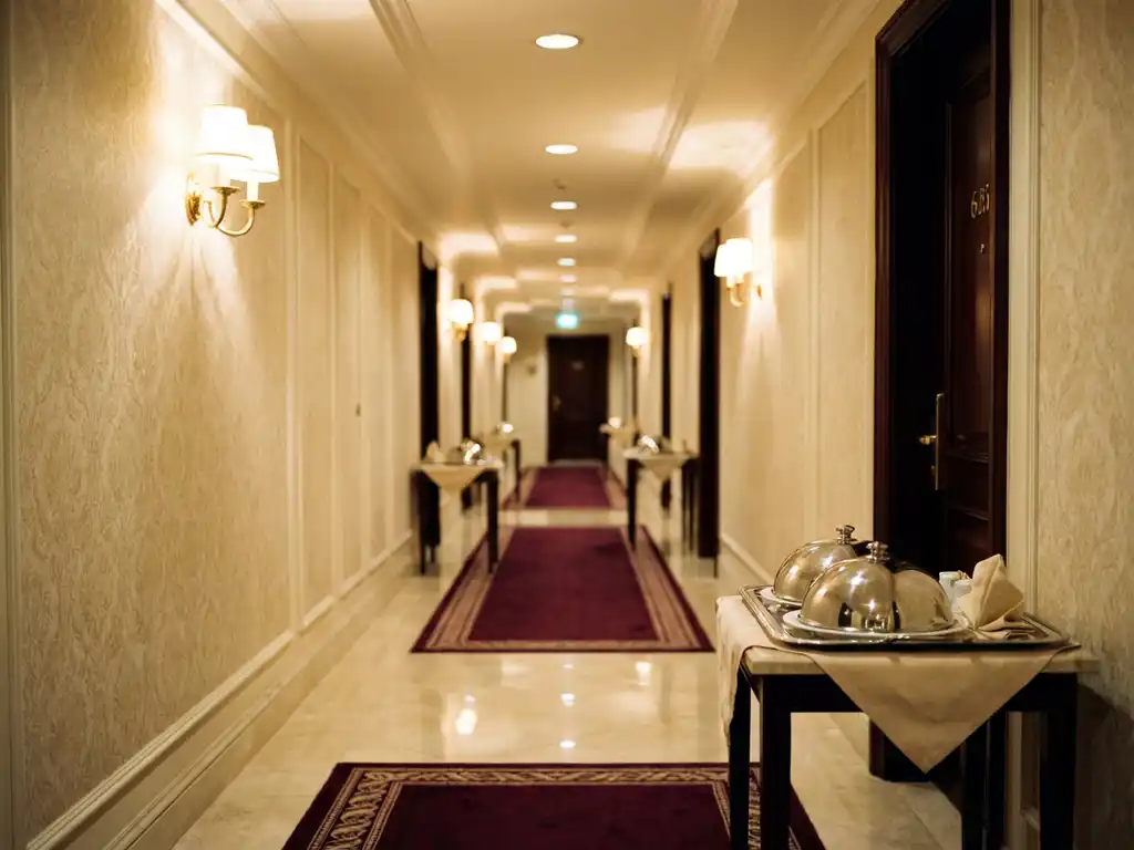 Luxe hotelgang met marmeren vloeren, gouden verlichting en bordeauxrode loper, roomservice bladen bij gastenkamers