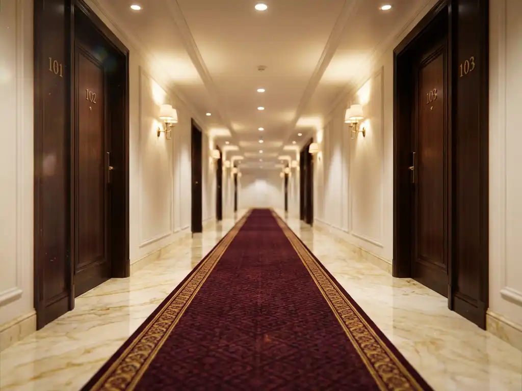 Lege hotelgang met marmeren vloer, bordeauxrode loper en genummerde kamers aan weerszijden onder warme plafondverlichting