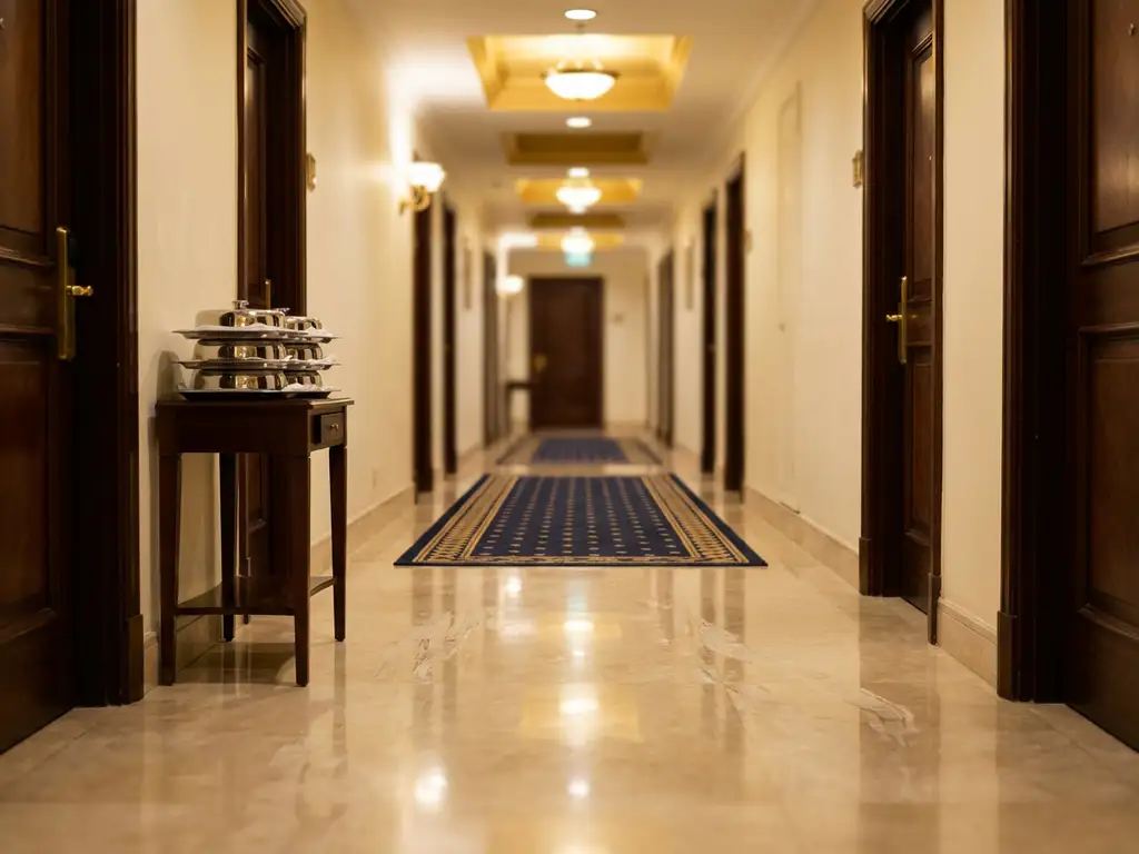Lege hotelgang met marmeren vloeren, donkere houten deuren, marineblauw tapijt met gouden accenten en warme verlichting