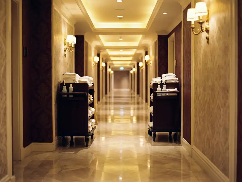 Lege hotelgang met marmeren vloeren, elegante wandbekleding en schoonmaakkarren langs de muren