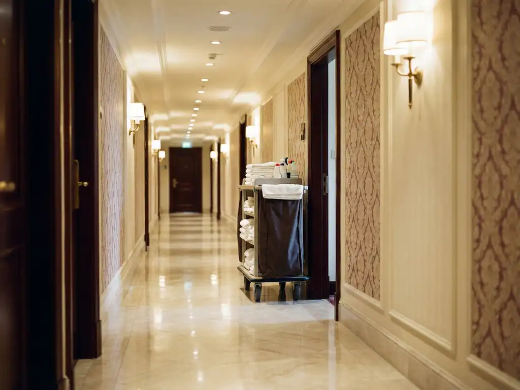 Lege hotelgang met marmeren vloeren, elegante behang en schoonmaakkar met handdoeken bij deuropening